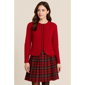 Susan Bristol Red Boiled Wool Ruffle Hem Jacket Cardigan Zip Front M